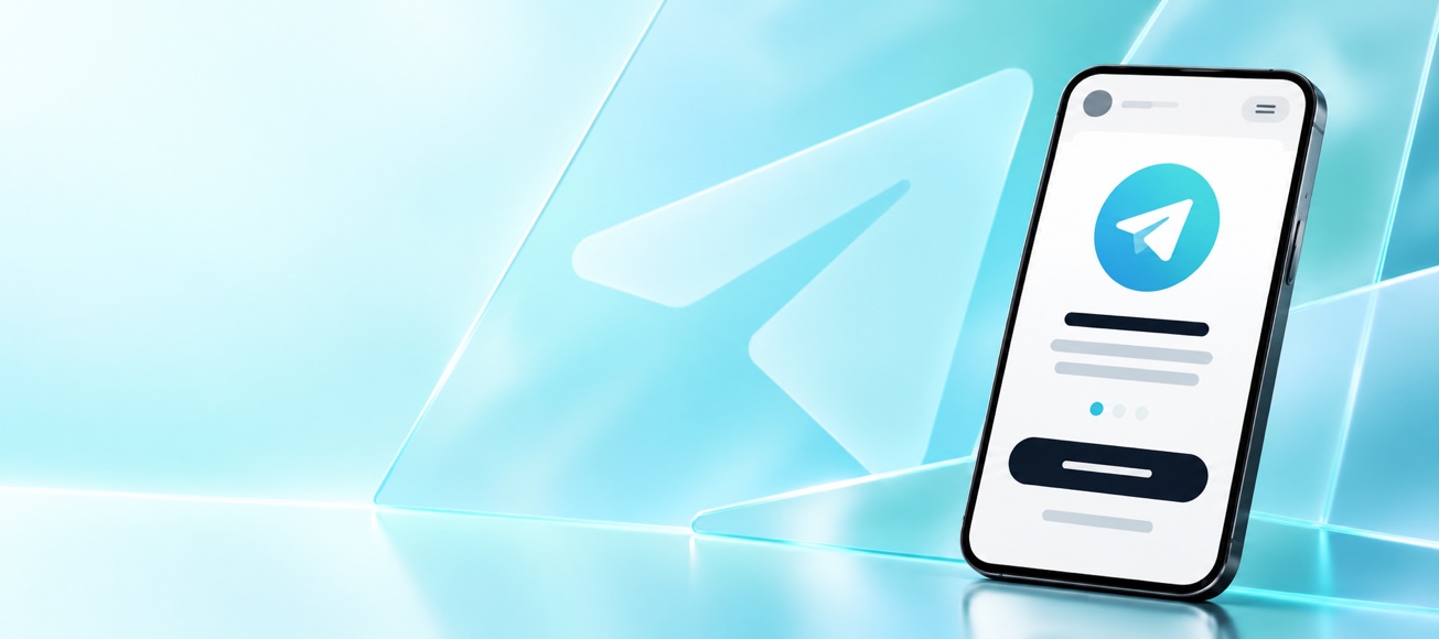 Бирюзовый продуктовый мокап сервиса доступа к Telegram